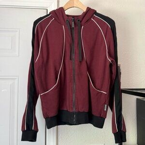 MICHI burgundy red black contrast piping athletic full zip up hoodie sweater